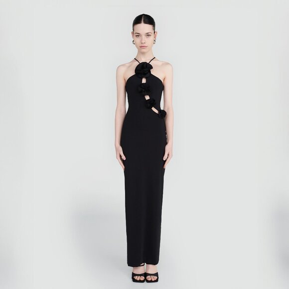 Like new Maygel Coronel Liri Dress in Black maxi one size cutout flower gown - Picture 1 of 9